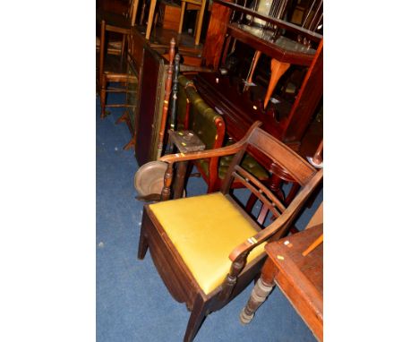 AN OAK SINGLE DOOR CABINET, a mahogany coffee table, Georgian commode armchair, a tripod table base, two warming pans and a f