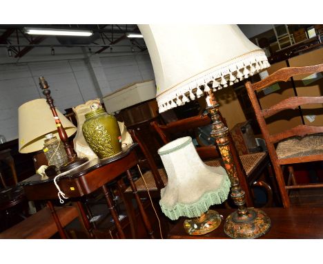 FIVE VARIOUS TABLE LAMPS, to include a 19th Century florally painted lamp