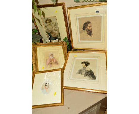 FIVE VICTORIAN WATERCOLOUR PORTRAIT STUDIES, a bearded gentleman and companion female study, unsigned, a mother and child and