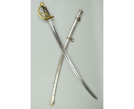 A 1860 STYLE U.S. CAVALRY SWORD, complete with white metal scabbard, blade is curved and has no makers marks evident, good co