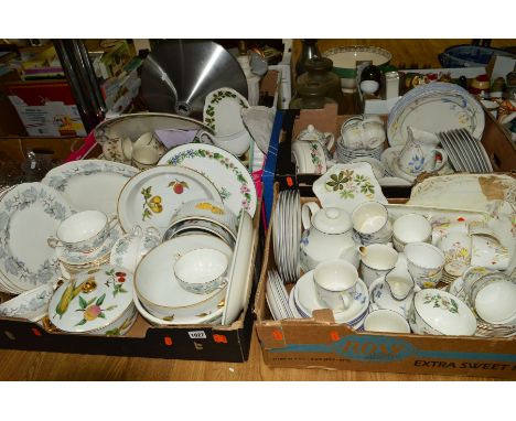 FOUR BOXES OF TEA WARES ETC, to include Royal Albert 'Silver Maple', Royal Doulton 'Minerva', Villeroy and Boch 'Riviera', Ro