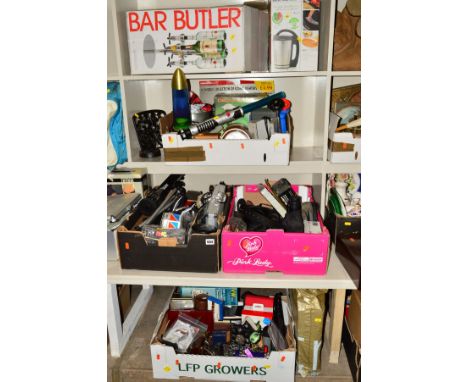 FOUR BOXES AND LOOSE SUNDRY ITEMS, to include an aluminium CD case, tools, Bar Butler, a Salter Soup Maker, wallets, belt buc