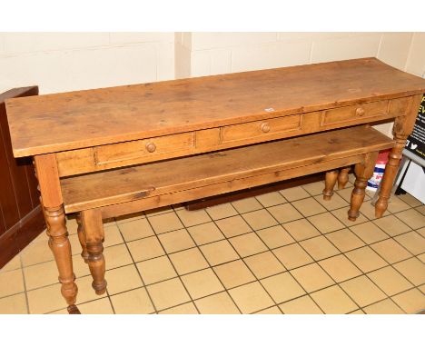 A PINE SIDE TABLE, with three drawers on turned legs, width 182.5cm x depth 45.5cm x height 77cm, together with a long pine b