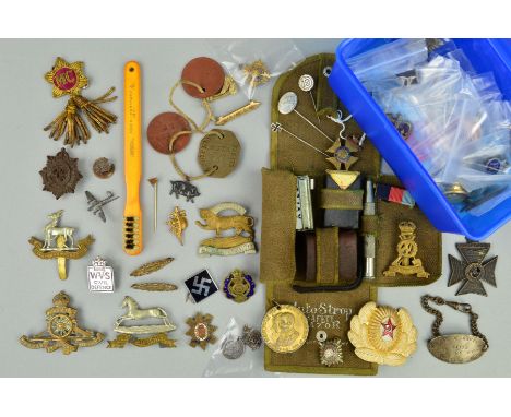 THREE PLASTIC BOXES CONTAINING A NUMBER OF BRITISH MILITARY CAP BADGES, PINS BOTH UK AND GERMANY, RUSSIAN CAP BADGE, original