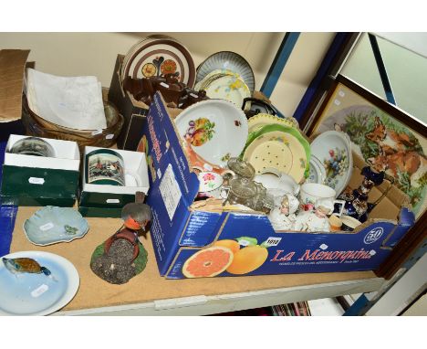 TWO BOXES AND LOOSE CERAMICS, GLASS ETC, to include Paragon 'Elise', Denby Studio, Langley plates, Royal Copenhagen Lily Pad 