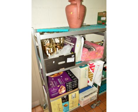 VARIOUS BOXED/BAGGED PILLOWS, ELECTRIC UNDERBLANKETS, BRASS CEILING LIGHT FITTING, POTTERY LAMP BASE ETC (DREAMLAND)