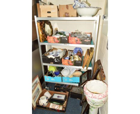 ELEVEN BOXES AND LOOSE SUNDRY ITEMS, CERAMICS, GLASS, DVD'S, PICTURES, BAROMETER, MIRRORS, etc, (all proceeds to 'We Love Lic