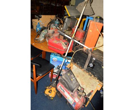 A BLACK &amp; DECKER CIRCULAR SAW, a Makita sander, Clarke jumbo air compressor, a insecticide backpack pump sprayer, two met