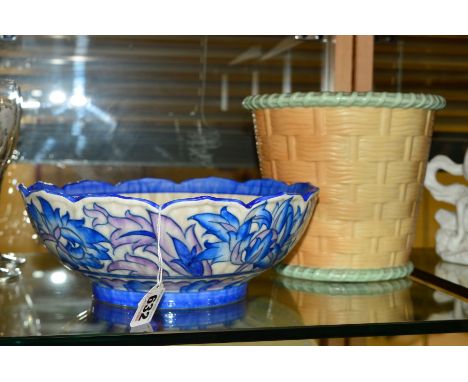 A CHARLOTTE RHEAD FOR CROWN DUCAL BOWL, 'Blue Peony', signed to base, diameter 25.5cm (crazed) together with a Worcester Roya