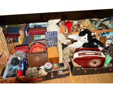 SIX BOXES AND LOOSE SUNDRY ITEMS, to include modern soft toys, Enfield mantle clock, books, cd's, radio and brass oil lamp et