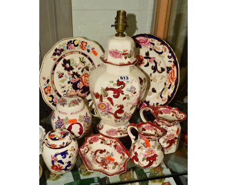 A GROUP OF MASONS IRONSTONE, to include 'Mandalay Red' lamp base, height approximately 37cm, two graduating jugs (tallest 12c