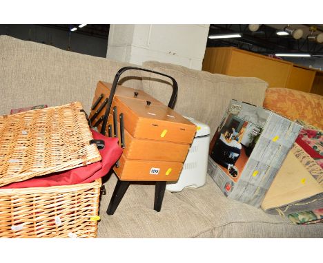 A QUANTITY OF MISCELLANEOUS, to include a Canti lever sewing box, a Singer sewing machine,two sets of curtains with tie backs