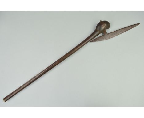 AN AFRICAN ORIGIN METAL AND WOOD CONSTRUCTION HAND AXE, curved metal blade is fixed to wooden stave by one piece design but i