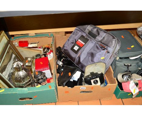 THREE BOXES OF SUNDRIES, to include cameras (Kodak Brownie, Polaroid (instant) etc), TomToms, 'Jolly' money bank, clocks, pic