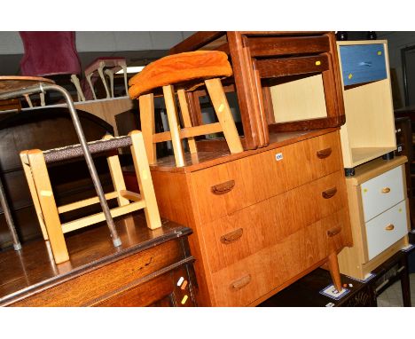 A TEAK CHEST OF THREE DRAWERS, two modern bedside chests, teak tile topped nest of tables, four Bentwood stools, four other s