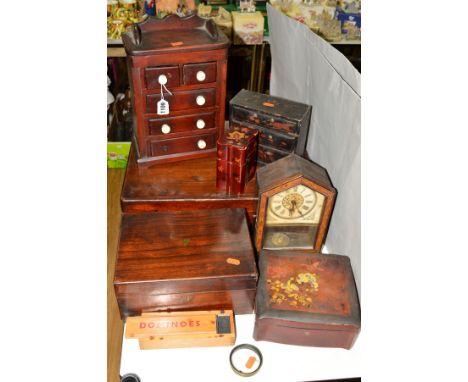 A GROUP OF SUNDRY ITEMS, to include miniature chest of five drawers, height approximately 33cm, a miniature lacquered three d