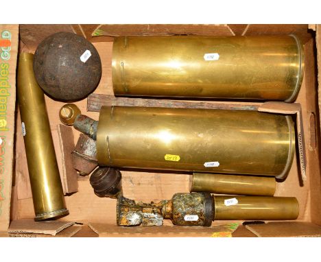 A LARGE BOX CONTAINING VARIOUS ITEMS OF MILITARY ORDENANCE, as follows, two large shell cases, post WWII also other shell cas