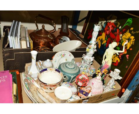 TWO BOXES AND LOOSE CERAMICS, SUNDRIES, PICTURE ETC, to include Dresden candlesticks, Wedgwood, Old Tupton Ware figurine (sd)