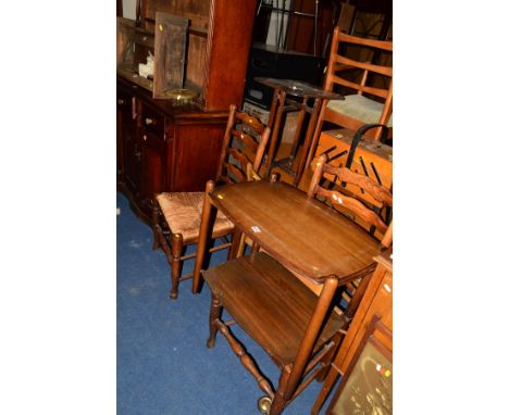 A VIENNA WALL CLOCK CARCAS, with detached movement (pendulum), two oak rush seated ladder back chairs, teak trolley, teak can
