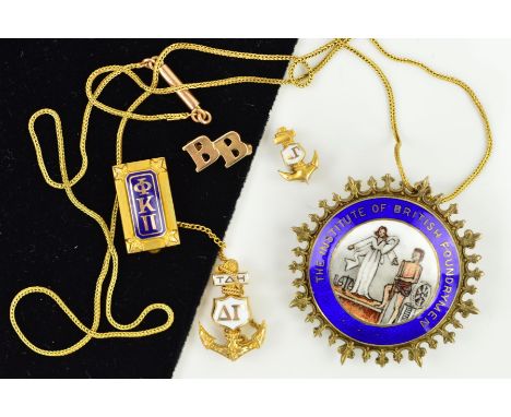 A SILVER ENAMEL BROOCH/PENDANT AND CHAIN AND FOUR BROOCHES, the enamel brooch/pendant for The Institute of British Foundrymen