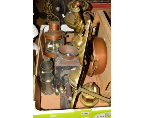 A BOX OF BRASS AND COPPER, etc, to include a pair of fire dogs, brass oil lamp, copper ships lantern, coach lamp, flatware, e