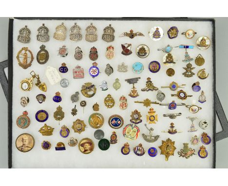 A LARGE GLAZED 'RIKER' MOUNT FRAME CONTAINING A LARGE COLLECTION OF MILITARY INTEREST, Sweetheart brooches and pins, pin badg