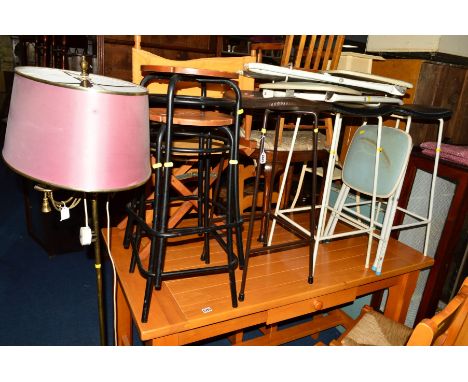 A QUANTITY OF VARIOUS STOOLS, including five metal framed bar stools and three folding stools, together with a brass standard