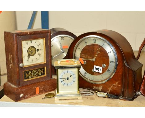 TWO WESTMINSTER CHIMES MANTEL CLOCKS, (both with pendulums only), another mantel clock (P only) and a Lincoln carriage clock 