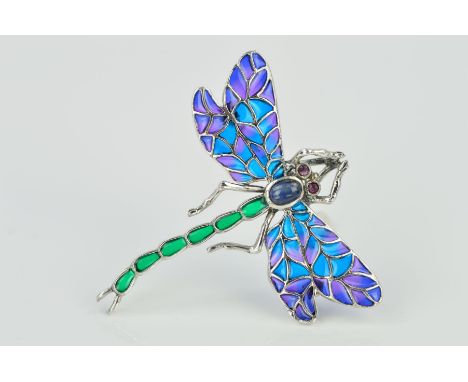 A PLIQUE A JOUR DRAGONFLY BROOCH, the wings with blue and purple plique a jour enamel and green plique a jour tail to the sap