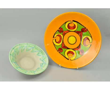 A POOLE POTTERY AGEAN CHARGER, diameter 35cm, together with a Royal Lancastrian bowl, impressed marks No170 and E.T.R to base