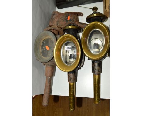 A PAIR OF CARRIAGE LAMPS, tinplate and brass, three aspect, no makers mark, both have been converted to hold electric light b