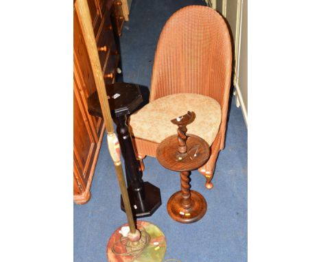 A LLOYD LOOM BEDROOM CHAIR, an oak barley twist stand, onyx standard lamp, a stool and  another stand (5)