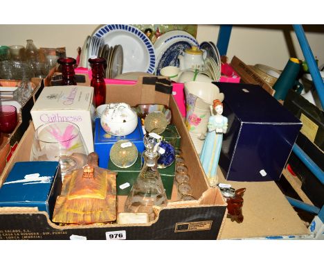 THREE BOXES AND LOOSE DINNERWARES AND ORNAMENTS, etc, to include Denby, Royal Doulton 'Canton' boxed,  Royal Worcester figuri