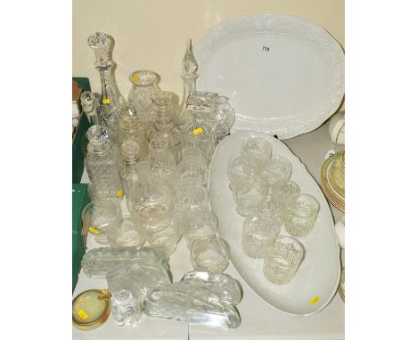 VARIOUS GLASS DECANTERS, CARAFES, PAPERWEIGHTS, ETC, to include ceramic meat platter and oval dish, cut glass tumblers etc