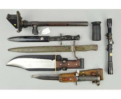 A BOX CONTAINING THE FOLLOWING MILITARY ITEMS, WWI era Sighting Device, Rifle/Air Rifle sight, large modern dagger in scabbar