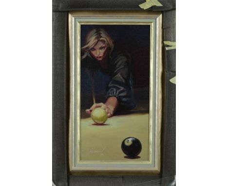 GABE LEONARD (AMERICAN CONTEMPORARY) 'CORNER POCKET', a limited edition print 10/49 of a female figure playing pool, signed b