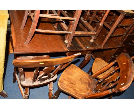 A GEORGIAN AND LATER OAK SQUARE TOPPED GATE LEG TABLE, on cabriole legs, width 105cm, together with five Victorian mahogany k