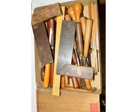 A COLLECTION OF WOODWORKING TOOLS, chisels etc, several by Addis of Sheffield, with a boxed Moore &amp; Wright of Sheffield, 
