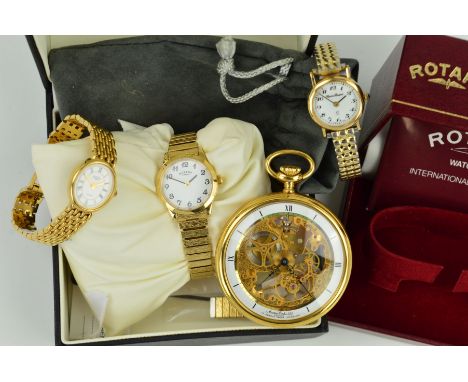 FOUR WATCHES, to include a Pierre Renoir ladies watch with gold head, with 9ct assay mark, two cased ladies Rotary watches wi