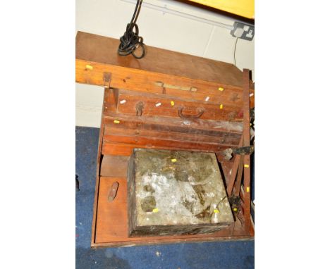 A LARGE WOODEN OPEN FRONT TOOL CHEST, with four drawers, together with two wooden carry cases, metal box and three sash clamp