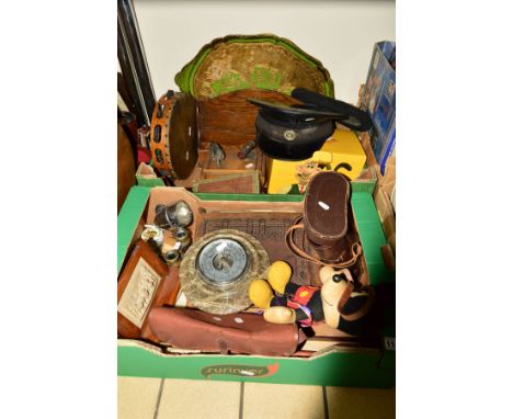 TWO BOXES OF SUNDRIES, to include Victorian photo album (empty), satchel containing marbles, marble aneroid barometer, tambor