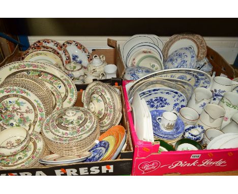 FOUR BOXES OF CERAMIC TABLEWARES to include an Alfred Meakin Bengal Tree part dinner service, various blue and white and Boot