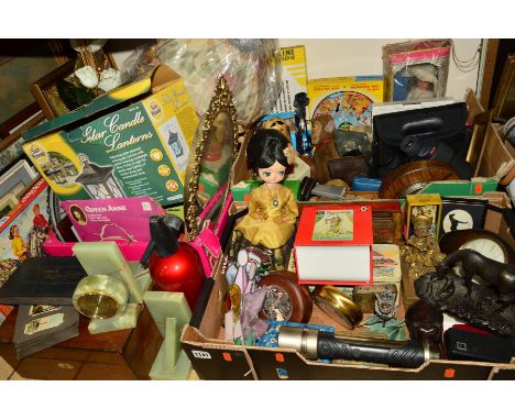 THREE BOXES AND LOOSE SUNDRIES, to include work box, cigarette cards, a pair of onyx bookends, a barometer, Lumlite torch, a 