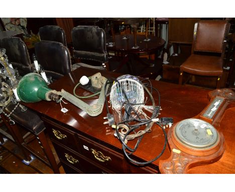 A MID 20TH CENTURY GREEN ENAMELLED WALL MOUNTED DESK LIGHT, together with another light and an Edwardian oak barometer (3)