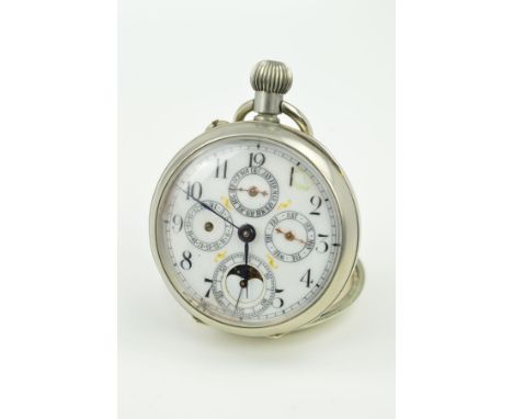 A CHRONOGRAPH POCKET WATCH, silver plated four dial, enamel face (slight damage to face, one hand loose)