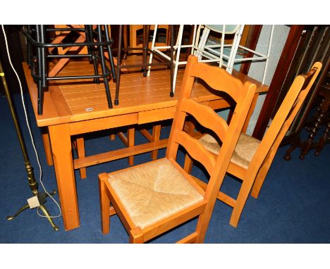 A REPRODUCTION BEECH DINING TABLE, with a single drawer, width 140cm x depth 80cm x height 78cm, together with four rush seat