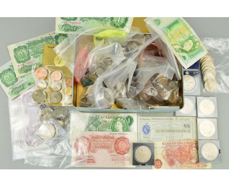 A TIN CONTAINING AMOUNTS OF COINS AND BANKNOTES, to include amounts of silver coins with three 1935 'Rocking Horse' Crowns, e