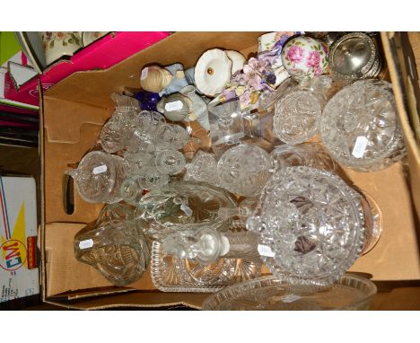 A BOX OF GLASS AND CERAMIC ITEMS, to include Nao figures, ornaments, novelty glass and dressing table items