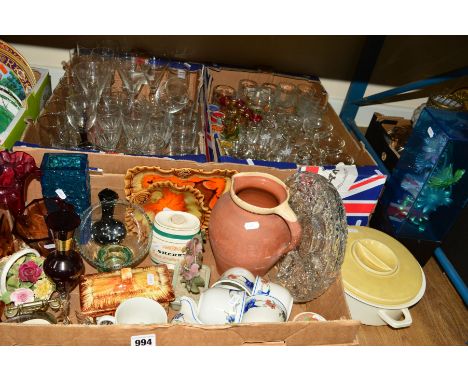 THREE BOXES AND LOOSE GLASS AND CERAMIC ITEMS, etc, to include a Whitefriars style bark vase, vintage sherry glasses, champag