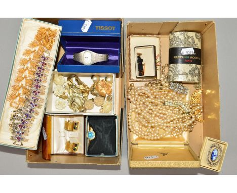 TWO SMALL BOXES OF COSTUME JEWELLERY, to include a cased Tissot watch of textured design, imitation pearl necklaces, a matchi